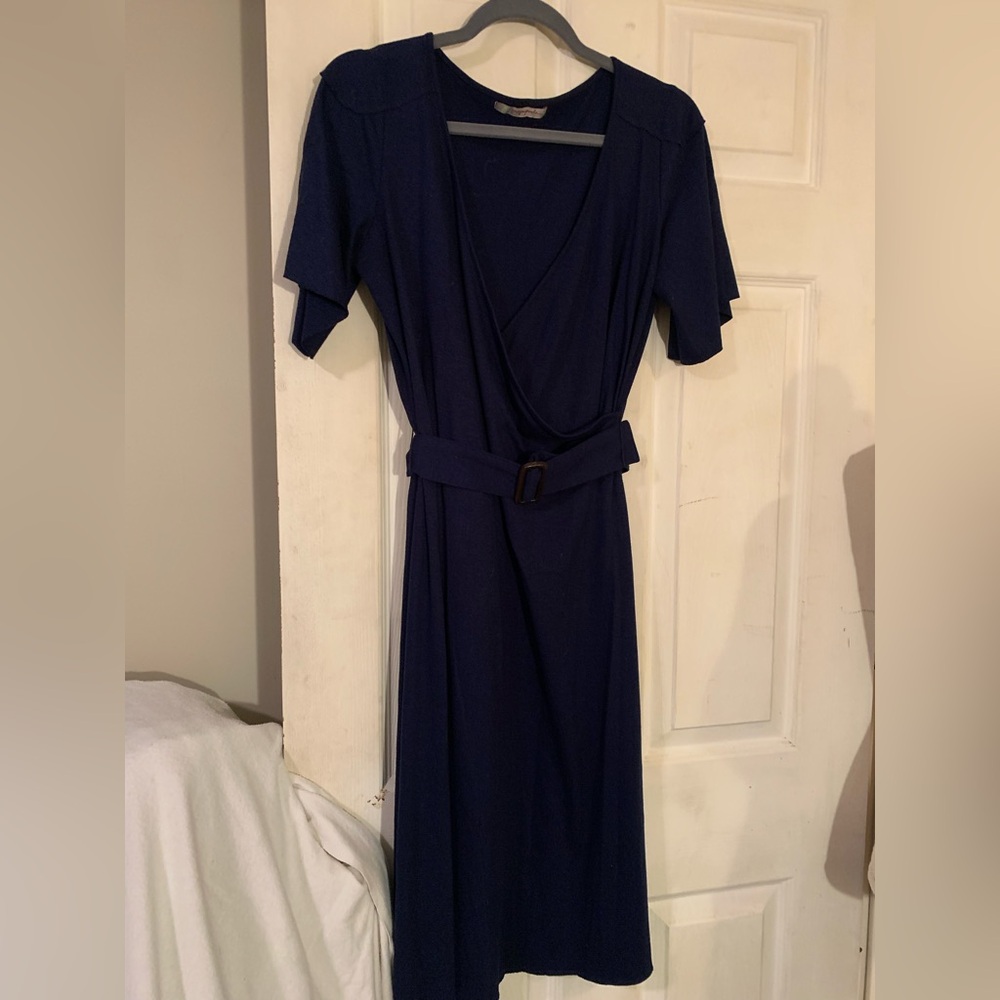 Blue Sheath Midi Dress with V-neck